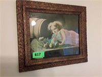YOUNG GIRL W/ CHICKS PRINT IN ORNATE WOOD FRAME