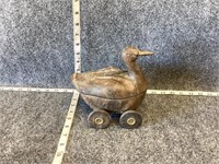 Old Handcarved Wooden Duck Container on Wheels