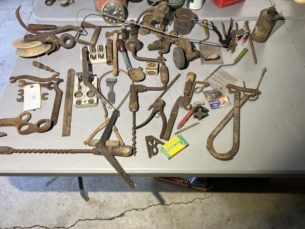 LARGE LOT OF ANTIQUE TOOLS AND MISCELLANEOUS