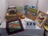 Books In Wooden Crates, Needle Point Birds