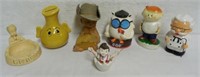 7 assorted banks, ash tray, S&P shaker figures