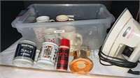 Coffee Mugs, Iron, Avon Cologne Bottles in Tote