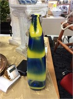 Blue and yellow hand blown bud vase signed