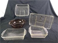 2 Pyrex Casseroles & brown Casserole, Loaf Pan