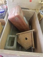 BIRD HOUSE, GLASS JAR, TACKLE BOX IN A WOOD CRATE