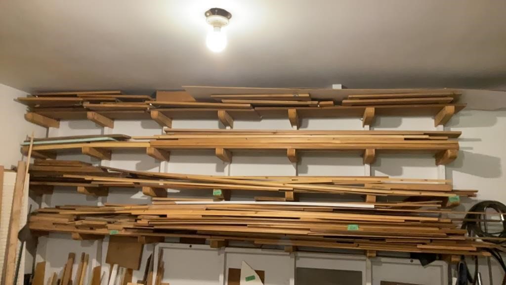 Four shelves, trim pieces of wood, cabinet doors