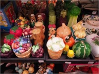 Two trays of figural salt and pepper shakers, all