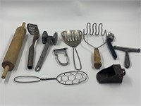 Vintage kitchen utensils, rolling pin, wood