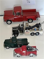 4 assorted die cast and plastic toy trucks