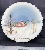 Fenton Custard Satin Plate w/ Winter Church Scene