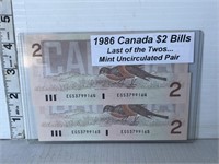 2 notes- 1986 Canada 2 dollars