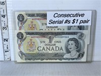 2 notes: 1973 Cnd 1 dollar consecutive serial #'s
