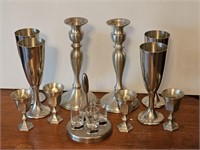 PEWTER WINE GLASSES, WEIGHTED CANDLE STICK HOLDERS