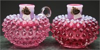 Fenton Opalescent Cranberry Hobnail Candle Holders
