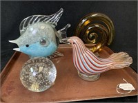 4 Pieces of Glass, Fish, Bird, Murano Paperweight