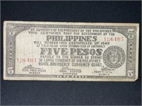 1942 PHILLIPPINES WWII 5 PESO