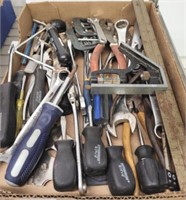 TRAY OF HAND TOOLS, SCREW DRIVERS, MISC WRENCHES