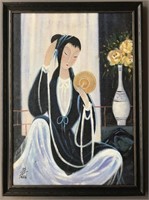 Signed Chinese Oil on Canvas, Seated Beauty