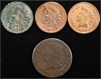 (1) LARGE CENT & (3) INDIAN HEAD CENTS