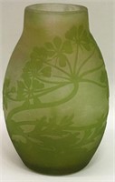 Signed Galle Green Cameo Glass Vase