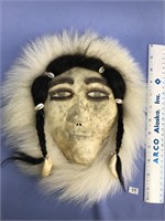 12 1/2" skin eskimo mask with polar bear ruff and