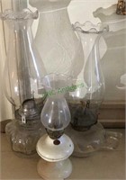 3 small size oil lamps, 2 glass ones with finger