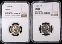 1953-D & 1956 JEFFERSON NICKELS NGC MS66