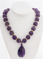 Asian Carved Amethyst & 14K Gold Clasp Necklace
