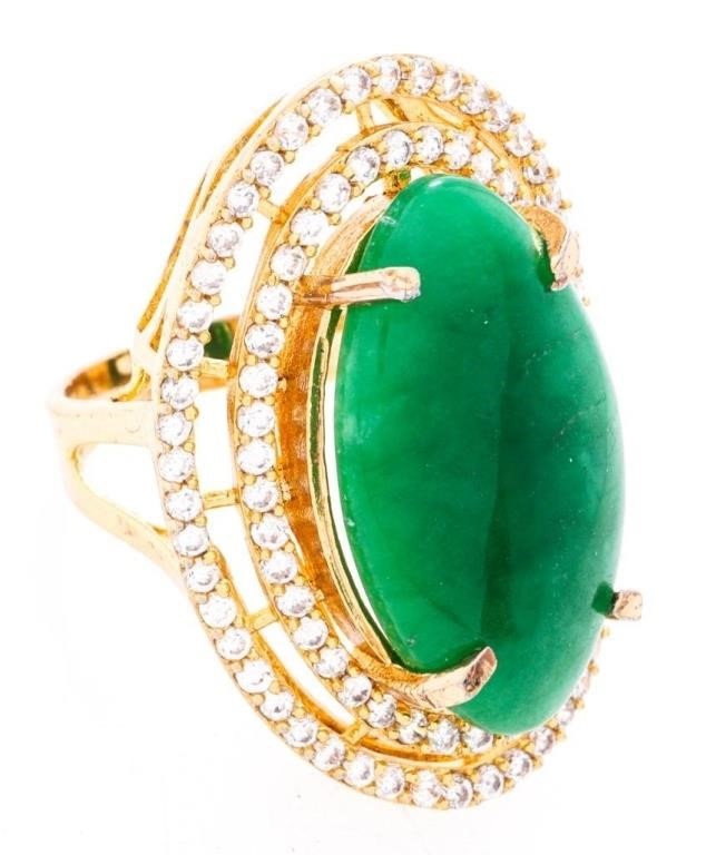 ESTATE - Ring, Oval Cabachon Jade w/ Double Halo o