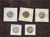 (5) 1940s-60s Silver Quarters