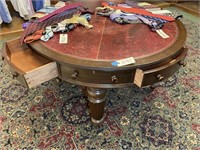 VINTAGE LEATHER INLAID TOP ROUND WOODEN TABLE ON C