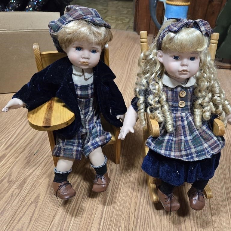 Cathy Depot Twin Porcelain Dolls & Doll Chairs
