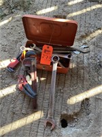 Toolbox with wrenches, pipe wrench