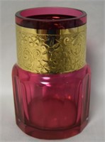 Moser Czech Cranberry Gold Band Art Deco Vase