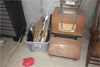 OLD SCHOOL DESK & CHAIR, BOX OF PICTURE FRAMES,