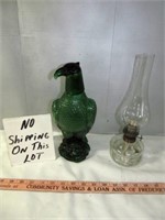 Green Glass Eagle Decanter& Vintage Oil Lamp