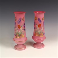 Antique handpainted pink glass vases