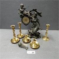 Crosa Figural Clock, Brass Candlestands