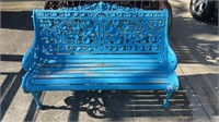 BLUE CAST IRON AND TIMBER OUTDOOR BENCH SEAT