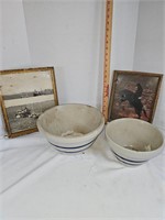 Roseville pottery bowls & 2 framed pictures