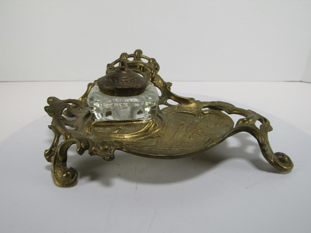 ANTIQUE ORNATE BRASS INK WELL