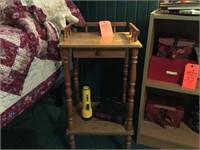 Small oak side table and contents
