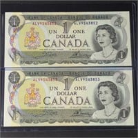 2x Consecutive Serial Canada $1 Bills UNC