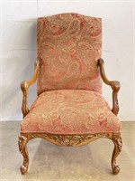 Upholstered Armchair w/ Carved Wooden Arms/Legs