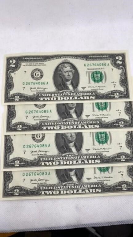(4) uncirculated $2 bills consecutive serial #s