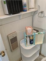 Contents Of Bathroom. White Shelf, Heater, Wood