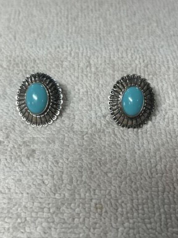 STERLING SILVER TURQUOISE EARRINGS 1 INCH