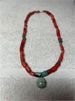 TURQUOISE AND CORAL BEADED NECKLACE WITH STERLING