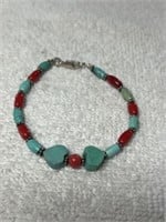 TURQUOISE AND CORAL HEART BEADED BRACELET WITH