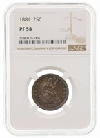 1881 US SEATED LIBERTY 25C SILVER COIN NGC PF58